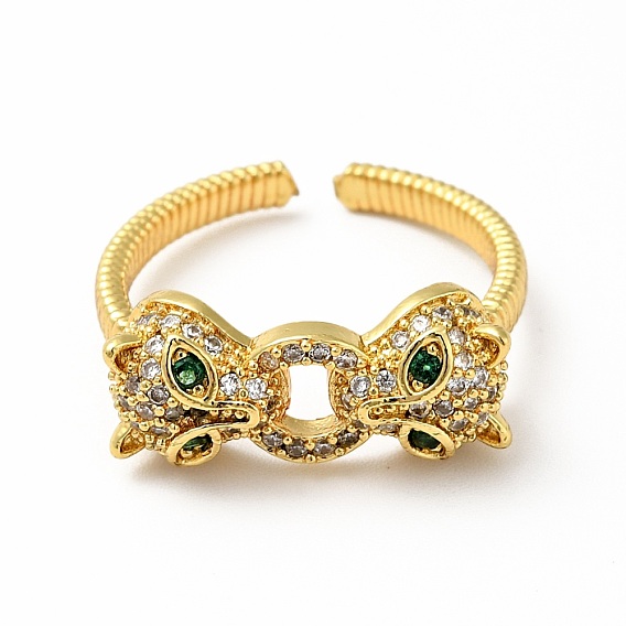 Anillo abierto con doble leopardo y circonita cúbica, joyas de latón chapado en oro para mujer., sin plomo y el cadmio