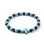 Perles de bois de santal naturelles bracelets extensibles, avec des perles synthétiques turquoise(teintes), croix
