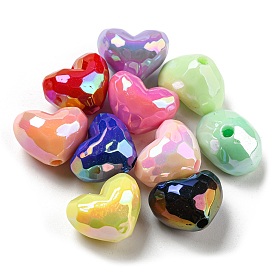UV Plating Opaque Acrylic Beads, Iridescent, Faceted Heart