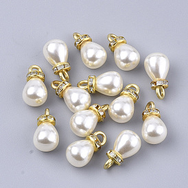Pendentifs en plastique imitation perle ABS haute brillance, avec des trouvailles en fer plaqué or et des strass en cristal, larme