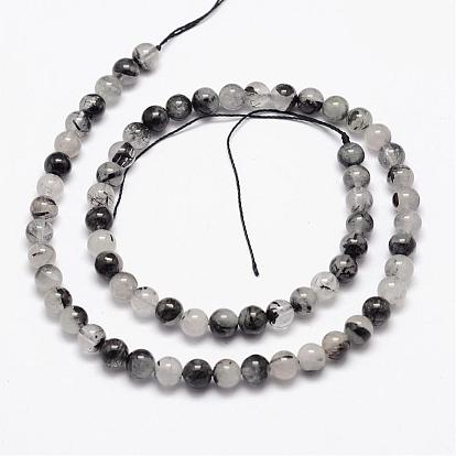 Natural Black Rutilated Quartz Bead Strands, Round