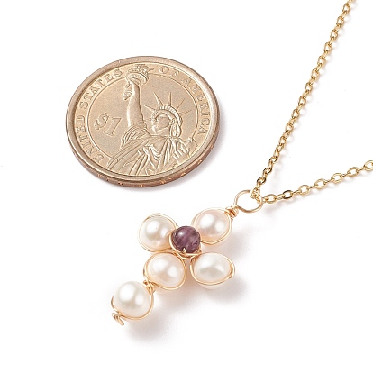 Collier pendentif croix tressée en pierres précieuses naturelles et perles, 304 bijoux en fil d'acier inoxydable pour femmes