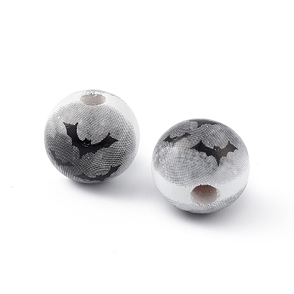 Perles européennes en bois naturel imprimé halloween, perle avec trou grande, ronde