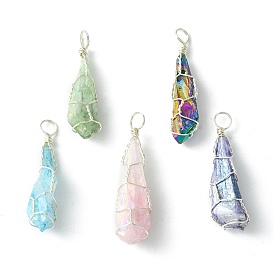 Electroplated Natural Quartz Crystal Copper Wire Wrapped Pendants, Irregular Shape Charms, Mixed Color