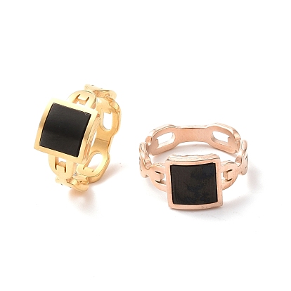 Black Acrylic Square Finger Ring, Ion Plating(IP) 304 Stainless Steel Jewelry for Women