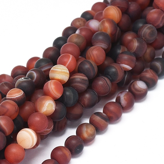 Natural Banded Agate/Striped Agate Beads Strands, Frosted, Dyed & Heated, Round