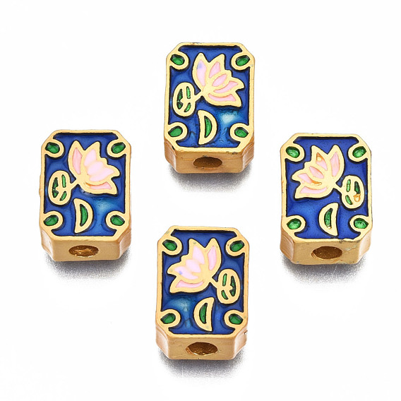 Rack Plating Alloy Enamel Beads, Cadmium Free & Lead Free, Matte Gold Color, Rectangle with Flower