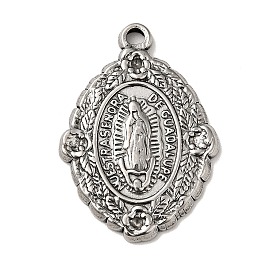 Tibetan Style 304 Stainless Steel Pendant Rhinestone Settings, Oval with Virgin Pattern & Word NUESTRASENORA DE GUADALUPE Charms, Religion Theme