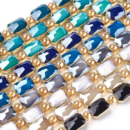 Opaque Glass Beads Strands, with Golden Tone Brass Findings, Pearl Luster Plated, Faceted, Rectangle