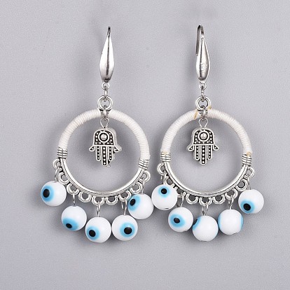 Lampwork Beads Dangle Earrings, with Alloy Beads, 316 Surgical Stainless Steel Earring Hooks and Nylon Thread, Hamsa Hand and Evil Eye