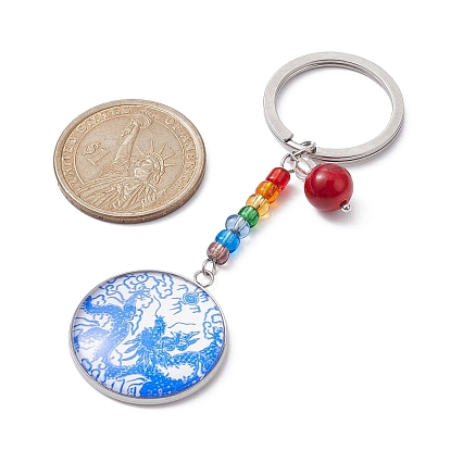 Blue and White Floral Printed Glass Keychains, with Gemstone Beads and Glass Seed Beads, 304 Stainless Steel Split Key Rings, Half Round/Dome