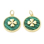 Rack Plating Natural Malachite Pendants, Brass Flat Round Charms with Clover, Cadmium Free & Lead Free