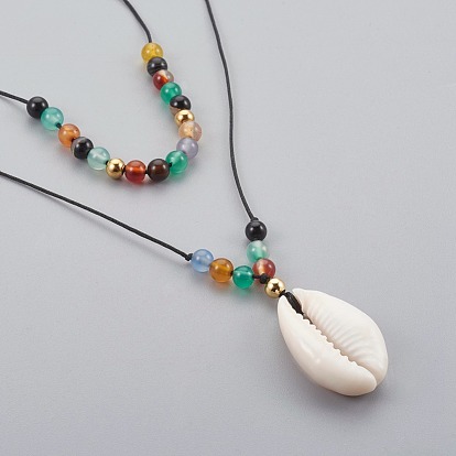 Cowrie Shell Beads Pendants Necklaces Sets, with Natural Gemstone and Brass Beads
