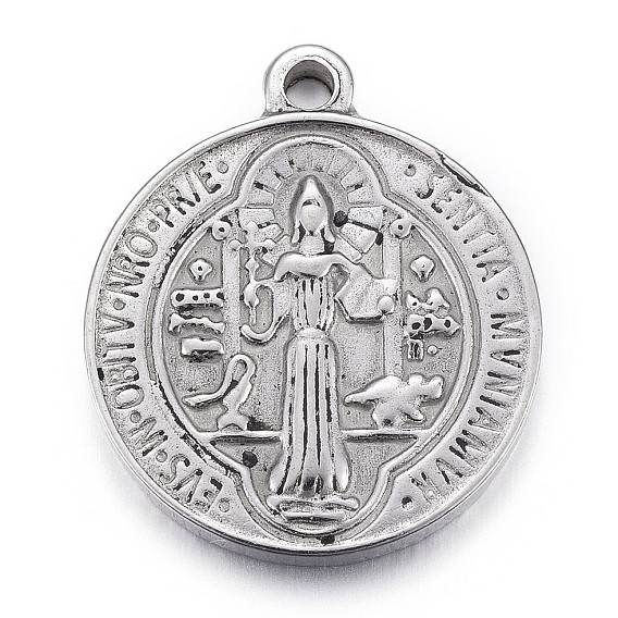 304 Stainless Steel Pendants, Flat Round with Saint Benedict Medal