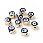 Handmade Evil Eye Lampwork Beads, with Golden Tone Brass Findings, Long-Lasting Plated, Cadmium Free & Lead Free, Flat Round