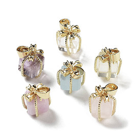 Natural Mixed Gemstone Gift Box Charms, with Golden Plated Brass Bowknot