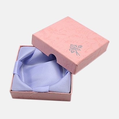 Boîtes de carton bracelet, avec une éponge à l'intérieur, motif de fleurs roses, carrée, 90x90x22~23mm
