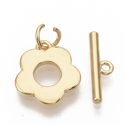 Brass Toggle Clasps, with Jump Rings, Nickel Free, Flower, Real 18K Gold Plated