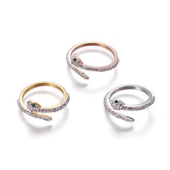 304 anillos de puño de acero inoxidable, anillos abiertos, con diamantes de imitación de arcilla polimérica, serpiente