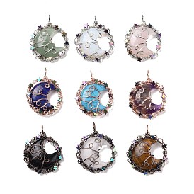 Natural & Synthetic Stone Big Pendants, with Rack Plating Brass Findings and Star Non-magnetic Synthetic Hematite, Cadmium Free & Lead Free, Flat Round with Moon Charm, Mixed Dyed and Undyed