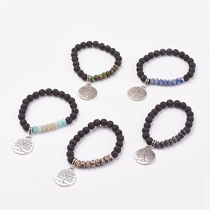 Bracelets à breloques extensibles pierres précieuses et pierres de lave, Pendentif en alliage, rond et plat avec un arbre, argent antique