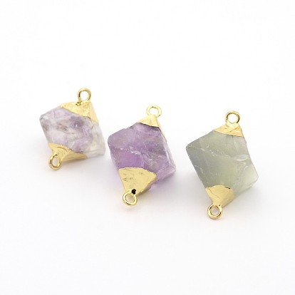 Fluorite Gemstone Links Connectors, with Golden Plated Brass Finding, Diamond, 22~29x19~23mm, Hole: 2mm