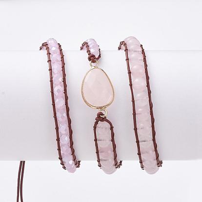 Bracelets en perles de verre à facettes et pierres précieuses naturelles, avec cordon en cuir de vachette et toile de jute, larme