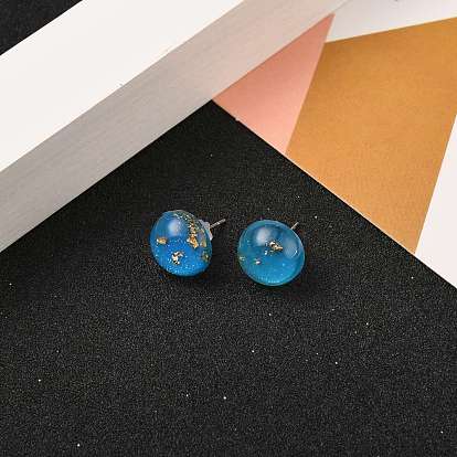 Half Round Resin Stud Earring, with Glitter Powder, Gold Foil, 304 Stainless Steel Pins and Plastic Ear Nuts