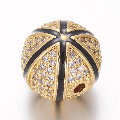 Brass Micro Pave Cubic Zirconia Beads, with Enamel, Basketball