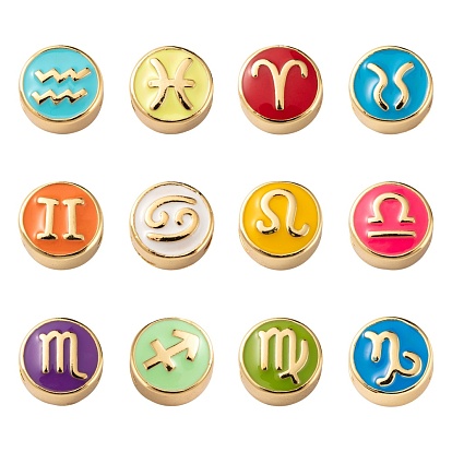 24Pcs 12 Style Brass Enamel Beads, Flat Round with Constellation, Golden