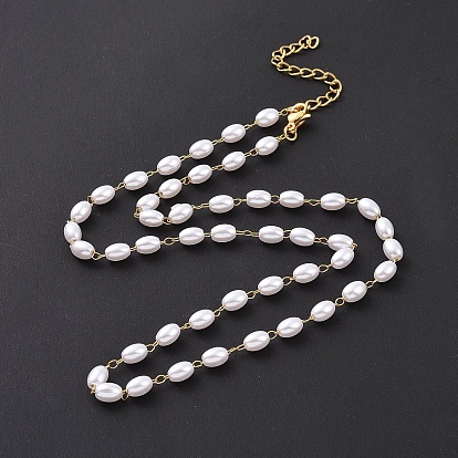 Vacuum Plating 304 Stainless Steel Beaded Necklaces, with Oval Plastic Imitation Pearl Beads