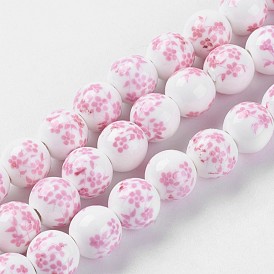 Handmade Flower Printed Porcelain Ceramic Beads Strands, Round