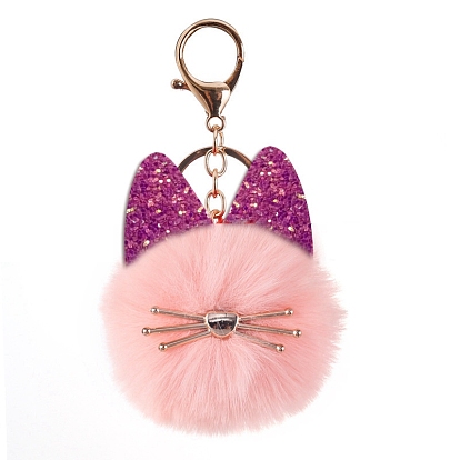 Faux Fur Cat Pendant Keychain, Cute Glitter Kitten Golden Tone Alloy Key Ring Ornament