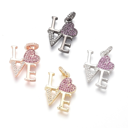 Brass Micro Pave Cubic Zirconia Pendants for Valentine's Day, Word LOVE, Clear & Camellia