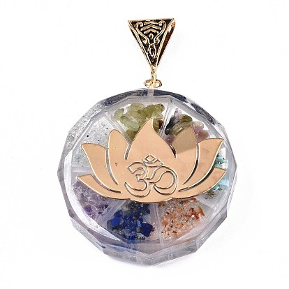 Transparent Epoxy Resin Alchemy Pendants, with Natural Gemstone Chip, Gold Foil, Flat Round