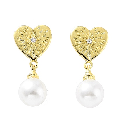Heart Rack Plating Brass Studs Earrings for Women, Plastic Pearl Dangle Earrings, Long-Lasting Plated, Lead Free & Cadmium Free