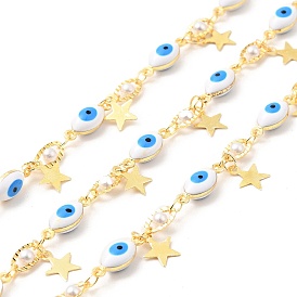 Enamel Horse Eye Link Chains, with Glass Pearl Beaded & Brass Star Charms, Real 18K Gold Plated. Soldered, Long-Lasting Plated, with Spools