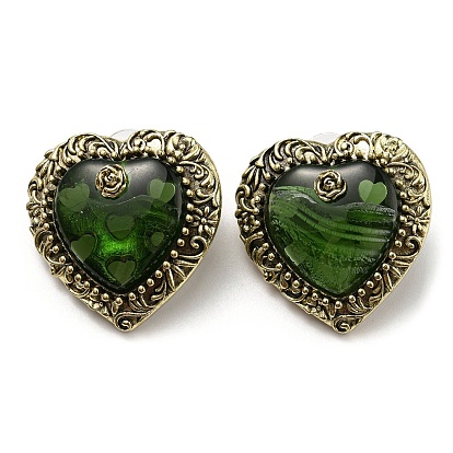Glass Heart with Rose Stud Earrings, Antique Golden Alloy Earrings with 925 Sterling Silver Pins