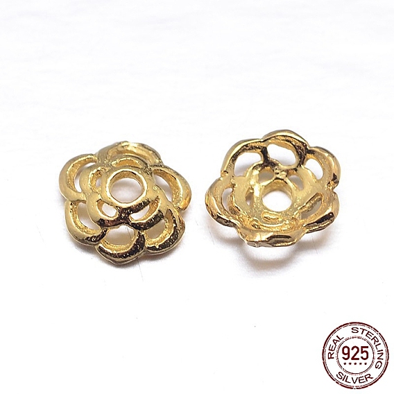 Real 18K Gold Plated 6-Petal 925 Sterling Silver Bead Caps, Flower, 6.6x2mm, Hole: 1.5mm, about 125pcs/20g
