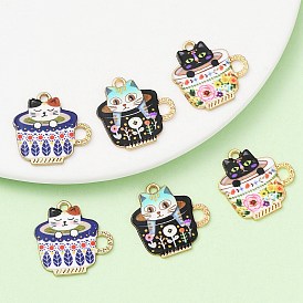 6Pcs 3 Style Japanese Style Print Alloy Enamel Pendants, Cup with Cat, Cadmium Free & Lead Free, Golden