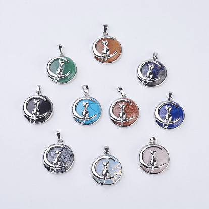 Gemstone Kitten Pendants, with Brass Findings, Flat Round with Cat & Crescent Moon Shape, Platinum