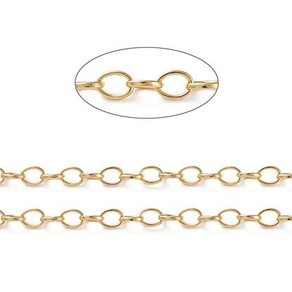 Brass Cable Chains, Soldered, with Spool, Flat Oval, Long-Lasting Plated, Real 18K Gold Plated