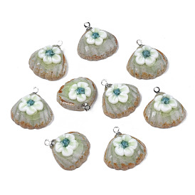 Handmade Porcelain Pendants, with Platinum Plated Brass Findings, Famille Rose Style, Shell with Flower