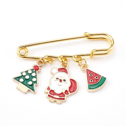 Christmas Theme Iron Safety Brooch, with Alloy Enamel Pendants, Mixed Shapes, Golden