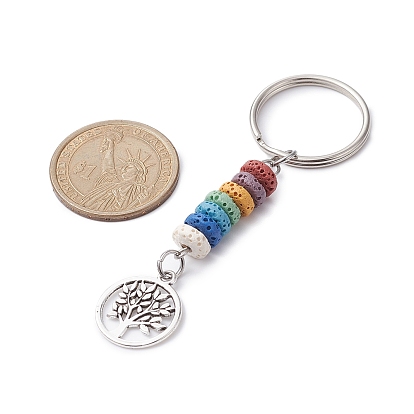 Tibetan Style Alloy Flat Round with Tree of Life Keychain, with Iron Split Key Rings and Chakra Natural Lava Rock