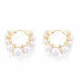 ABS Plastic Pearl Beaded Hoop Earrings with Clear Cubic Zirconia, Brass Flower Earrings for Women, Nickel Free