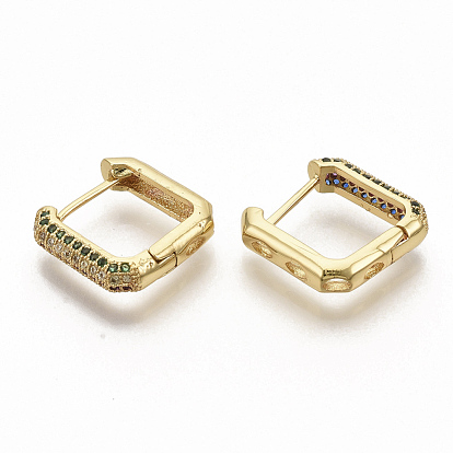 Brass Micro Pave Colorful Cubic Zirconia Hoop Earrings, Square, Real 16K Gold Plated