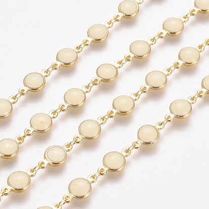 Chaînes de perles en laiton faites à la main, avec émail et bobine, soudé, plaqué longue durée, plat rond, blanc antique