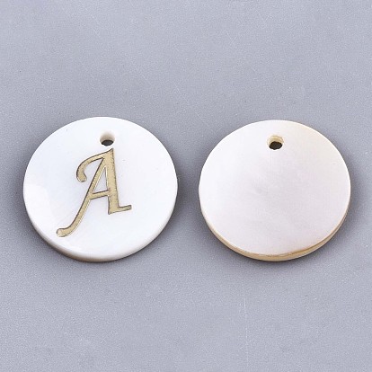 Pendentifs de coquillages d'eau douce naturelle, avec ornements en métal gravé en laiton doré, plat rond avec la lettre, alphabet