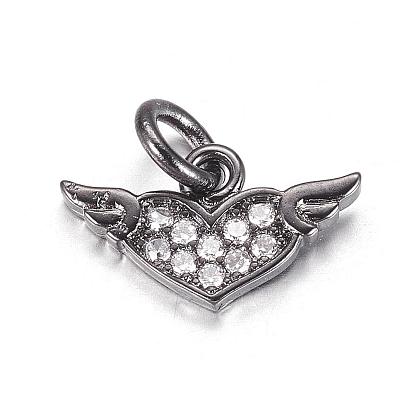 Brass Micro Pave Cubic Zirconia Charms, Heart with Wing
